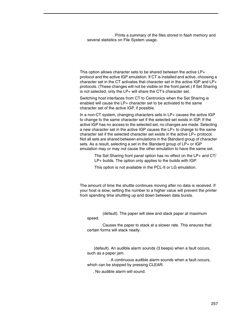 Set sharing, Shuttle timeout, Slow paper slew | Alarm | Printronix P7000 Cartridge Ribbon Printer User Manual | Page 257 / 378