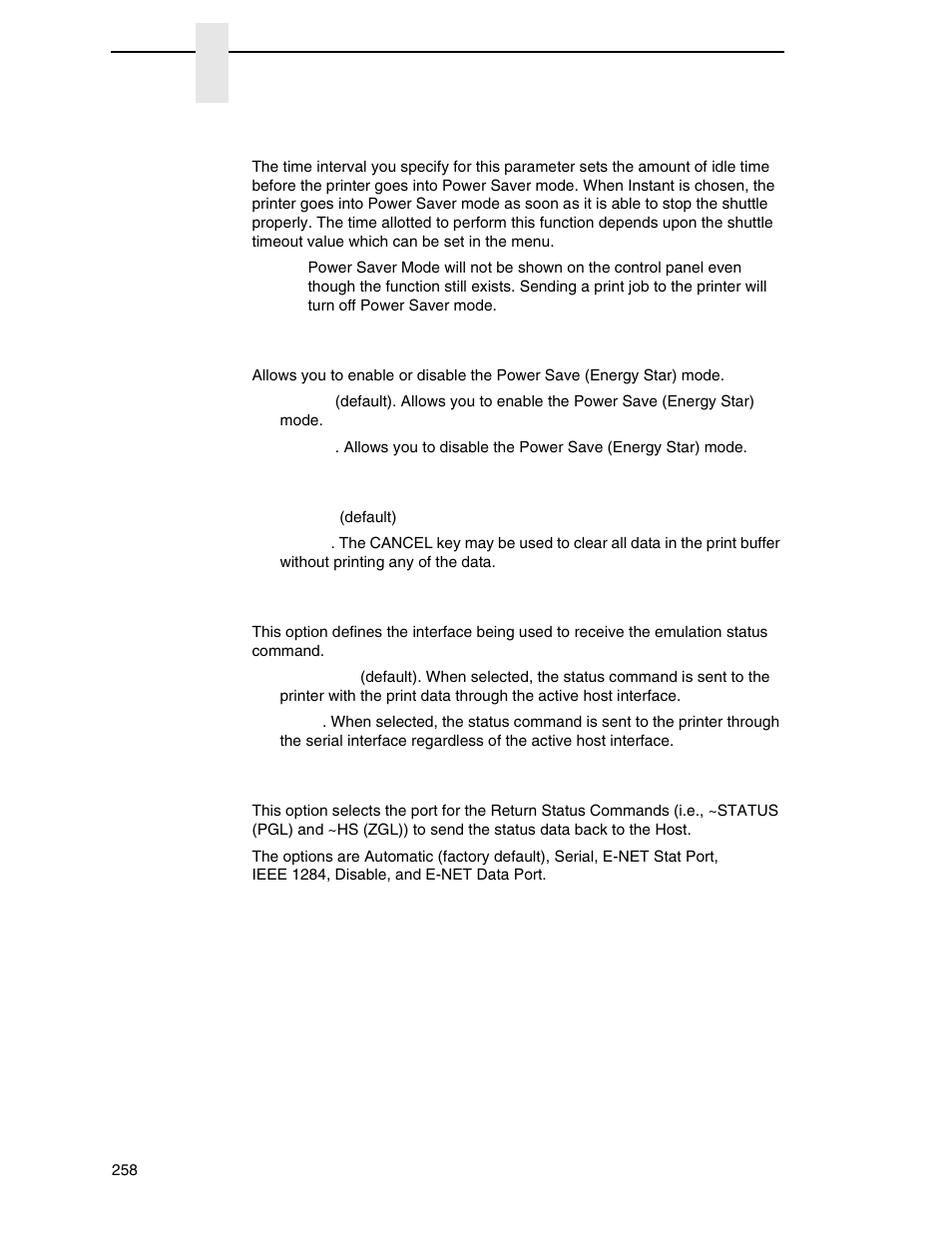 Power saver time, Pwr save control, Cancel key | Rcv. status port, Ret. status port | Printronix P7000 Cartridge Ribbon Printer User Manual | Page 258 / 378