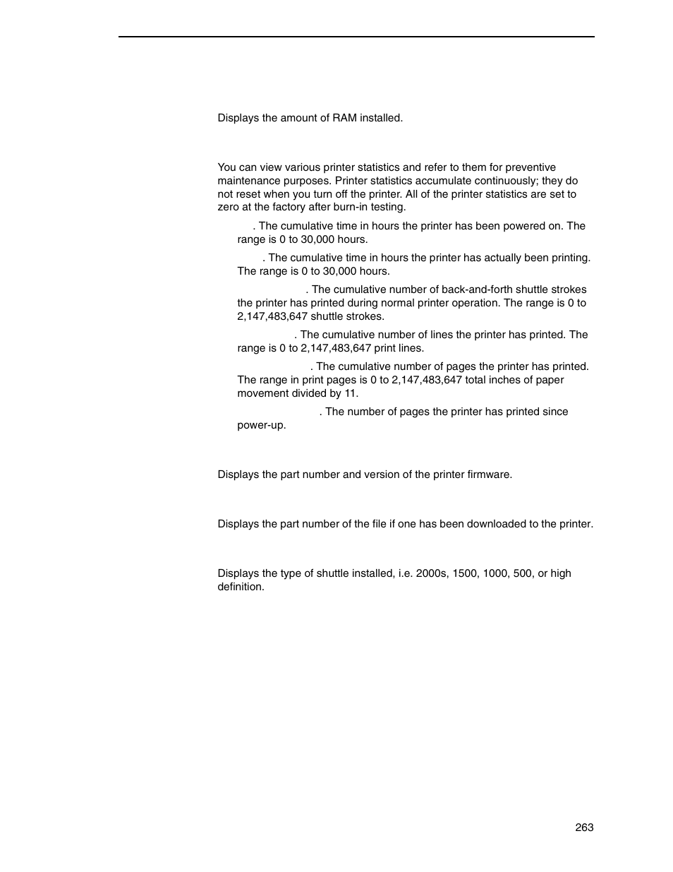 Print statistics, Software build, Feature file | Shuttle type | Printronix P7000 Cartridge Ribbon Printer User Manual | Page 263 / 378