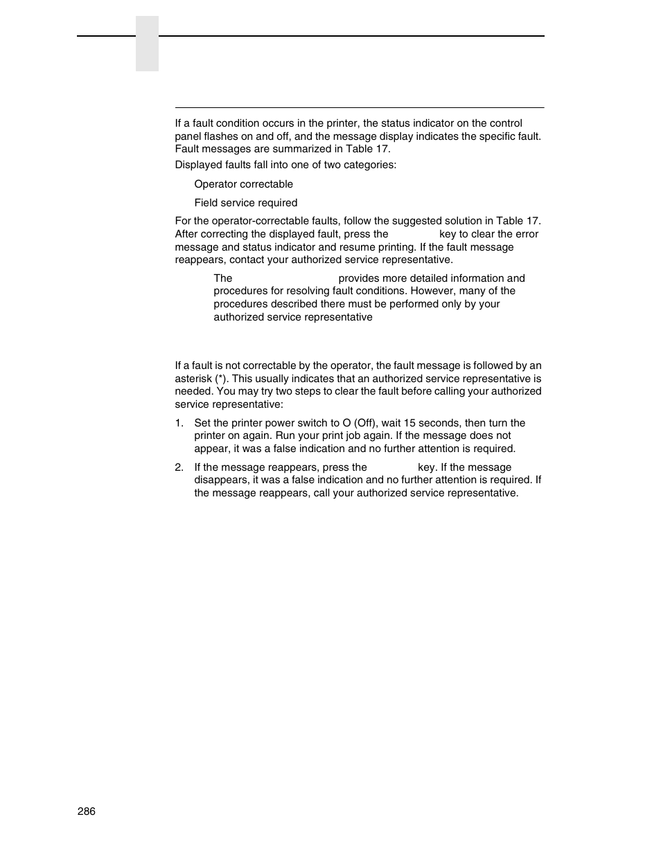 Fault messages, Fault messages requiring field service attention | Printronix P7000 Cartridge Ribbon Printer User Manual | Page 286 / 378