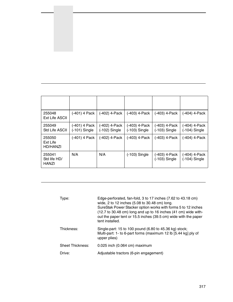 A printer specifications, Ribbon cartridge specifications, Paper specifications | Printer specifications | Printronix P7000 Cartridge Ribbon Printer User Manual | Page 317 / 378
