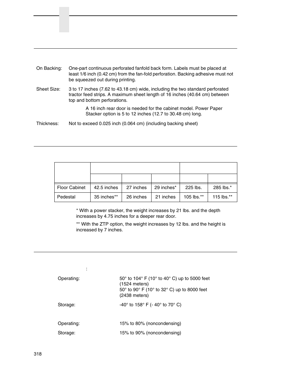 Labels, Printer weight and dimensions, Environmental characteristics | Labels printer weight and dimensions | Printronix P7000 Cartridge Ribbon Printer User Manual | Page 318 / 378