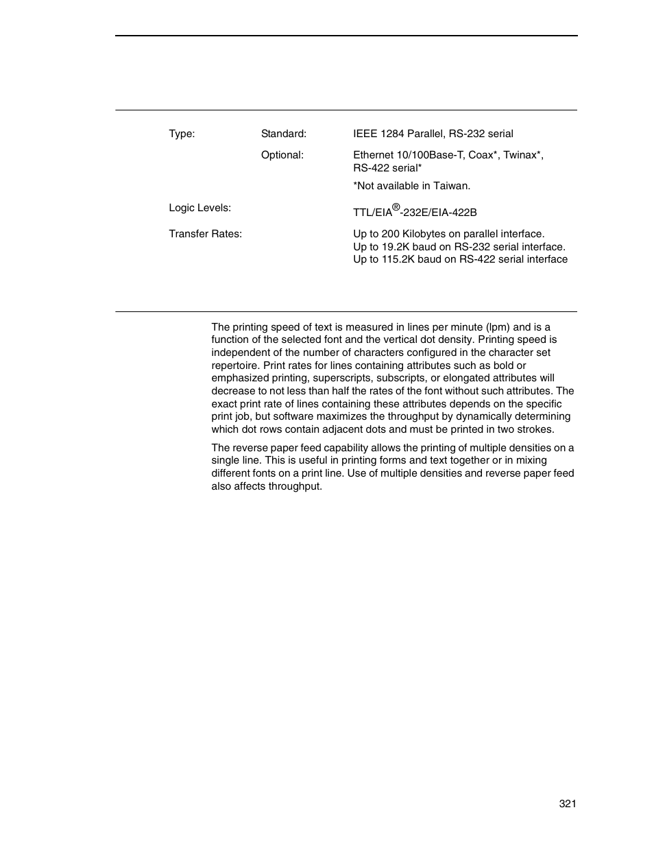 Interfaces, Printing rates, Interfaces printing rates | Printronix P7000 Cartridge Ribbon Printer User Manual | Page 321 / 378