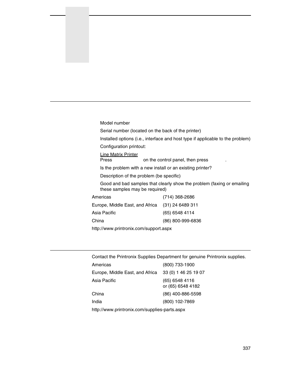 D customer support, Printronix customer support center, Printronix supplies department | Customer support | Printronix P7000 Cartridge Ribbon Printer User Manual | Page 337 / 378