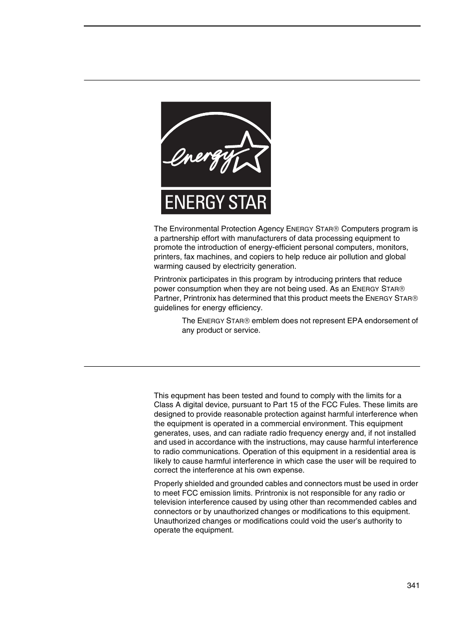 Energy star, Communication statements, Federal communications commission (fcc) statement | Printronix P7000 Cartridge Ribbon Printer User Manual | Page 341 / 378