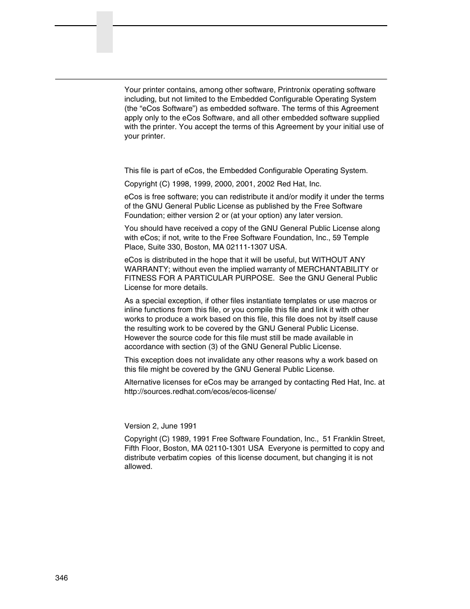 Software license agreement, Ecos license, Gnu general public license | Printronix P7000 Cartridge Ribbon Printer User Manual | Page 346 / 378