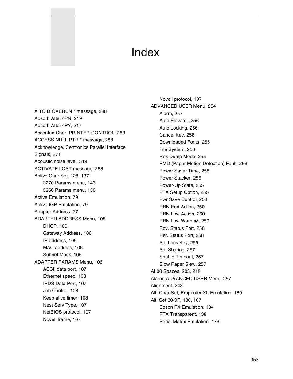 Index | Printronix P7000 Cartridge Ribbon Printer User Manual | Page 353 / 378