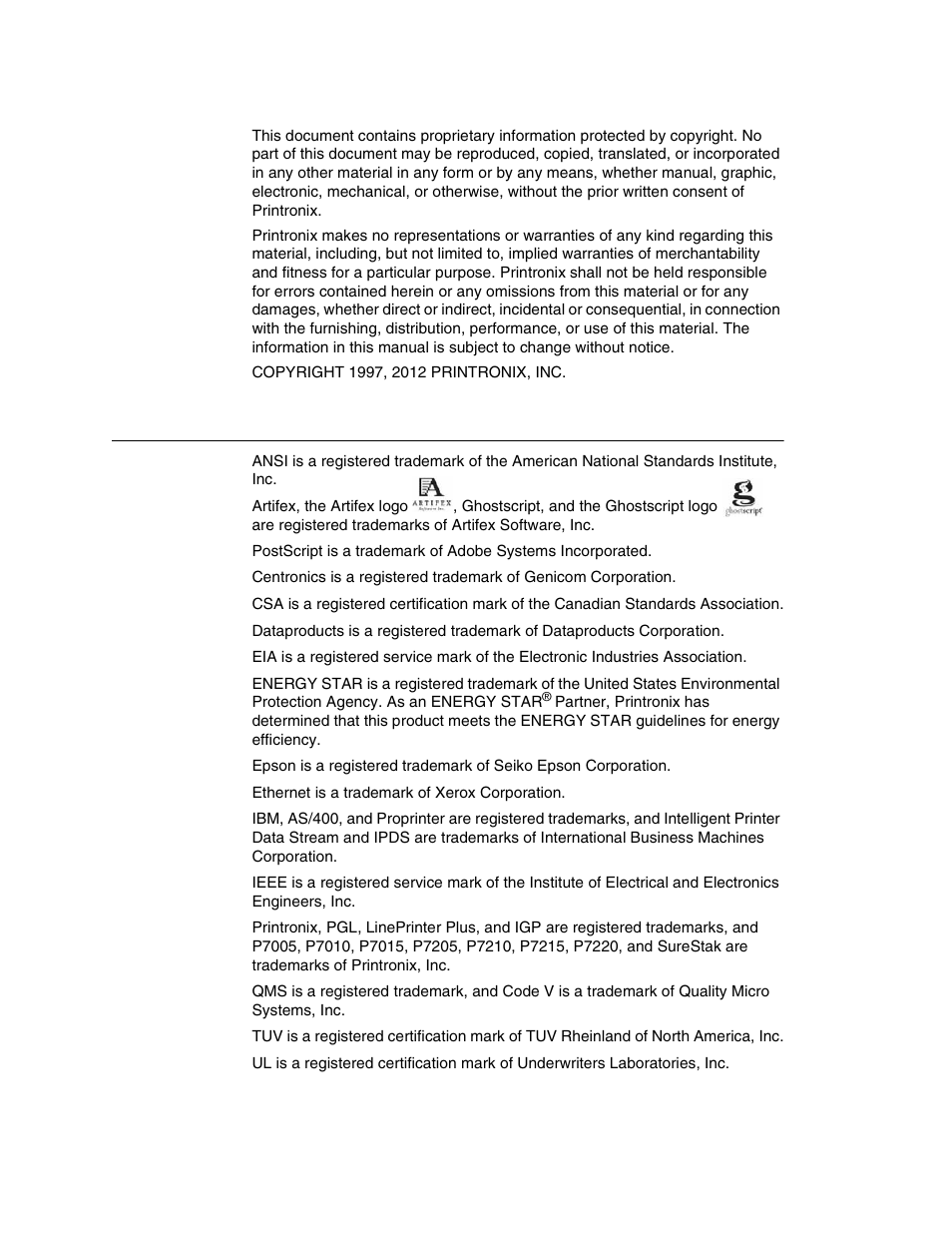 Trademark acknowledgements | Printronix P7000 Cartridge Ribbon Printer User Manual | Page 4 / 378