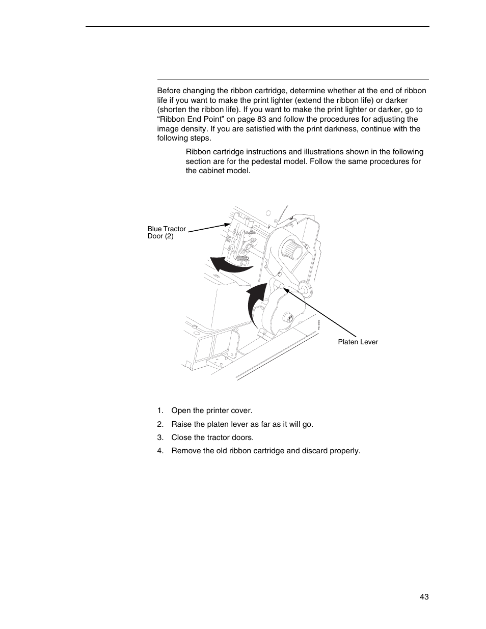 Changing ribbon cartridge | Printronix P7000 Cartridge Ribbon Printer User Manual | Page 43 / 378