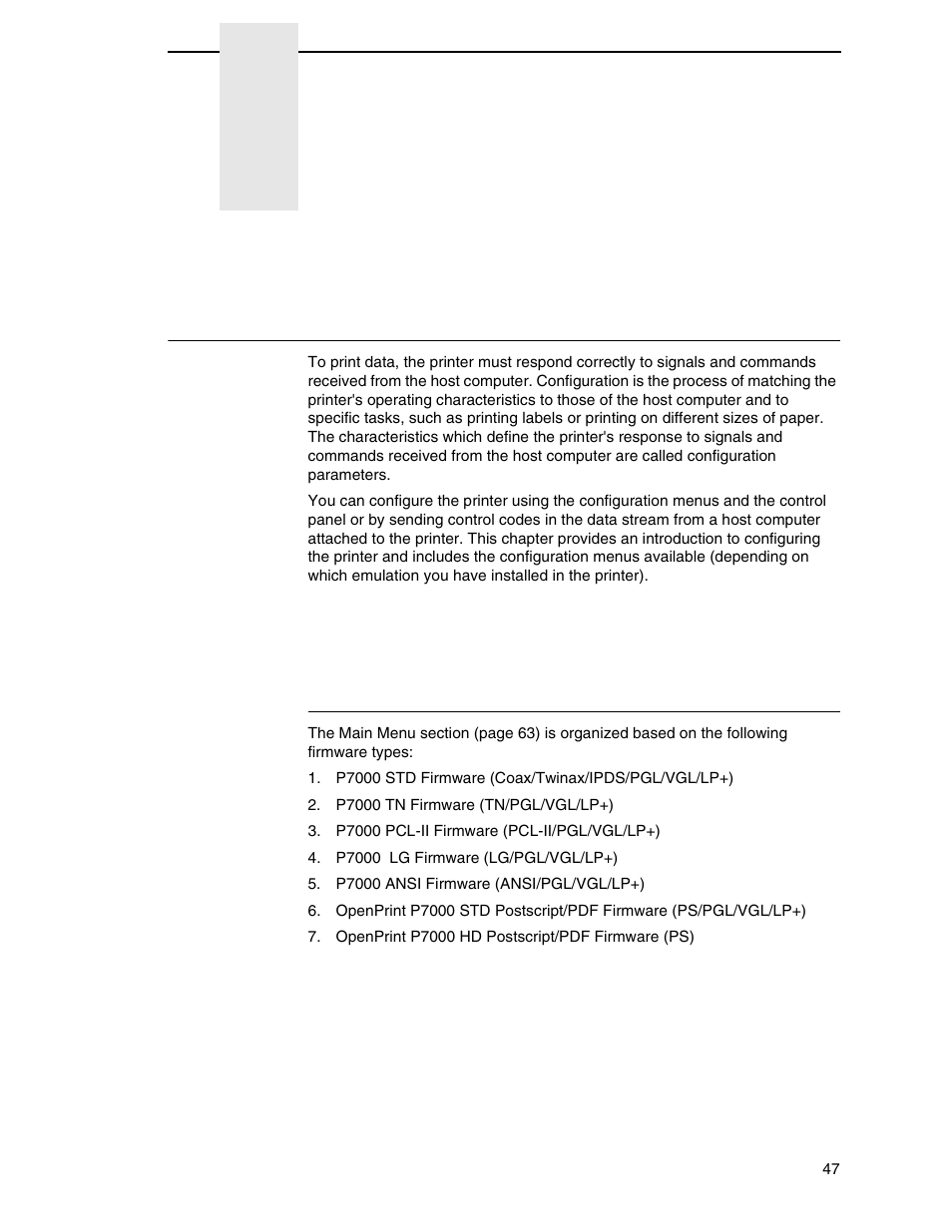 4 the configuration menus, Configuration overview, Main menu | The configuration menus | Printronix P7000 Cartridge Ribbon Printer User Manual | Page 47 / 378