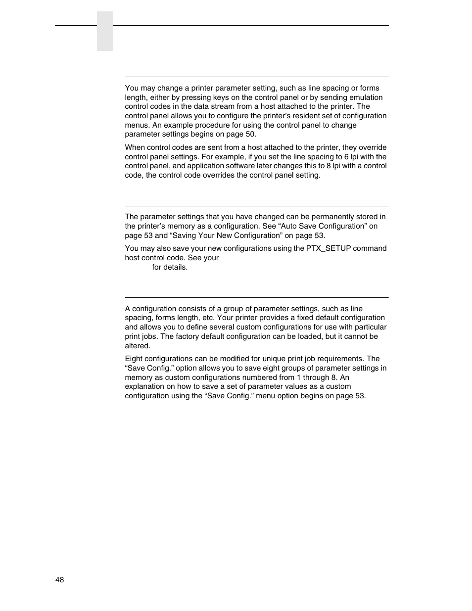 Changing parameter settings, Saving parameter settings, Default and custom configurations | Printronix P7000 Cartridge Ribbon Printer User Manual | Page 48 / 378