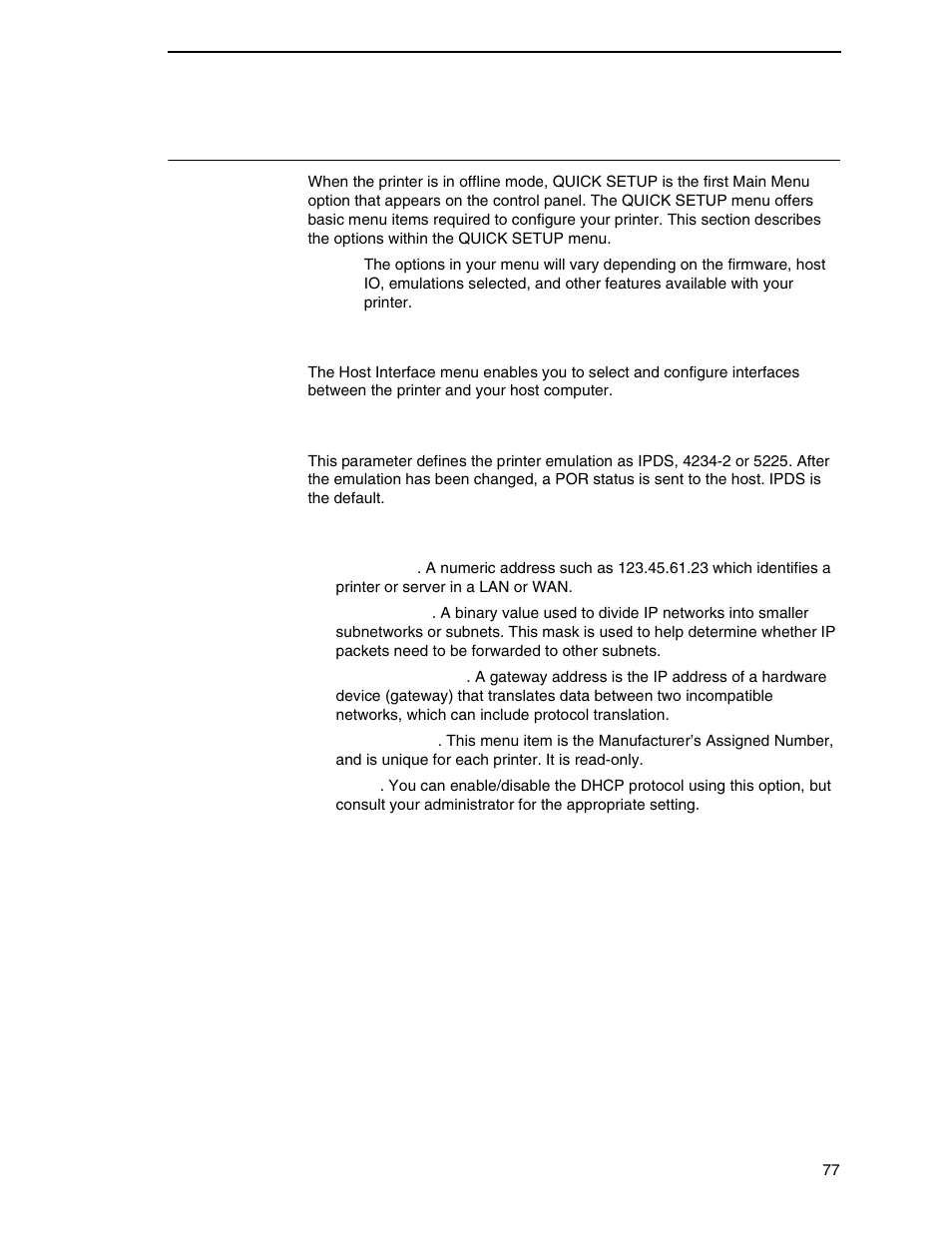 Quick setup menu, Host interface, Device id | Adapter address | Printronix P7000 Cartridge Ribbon Printer User Manual | Page 77 / 378