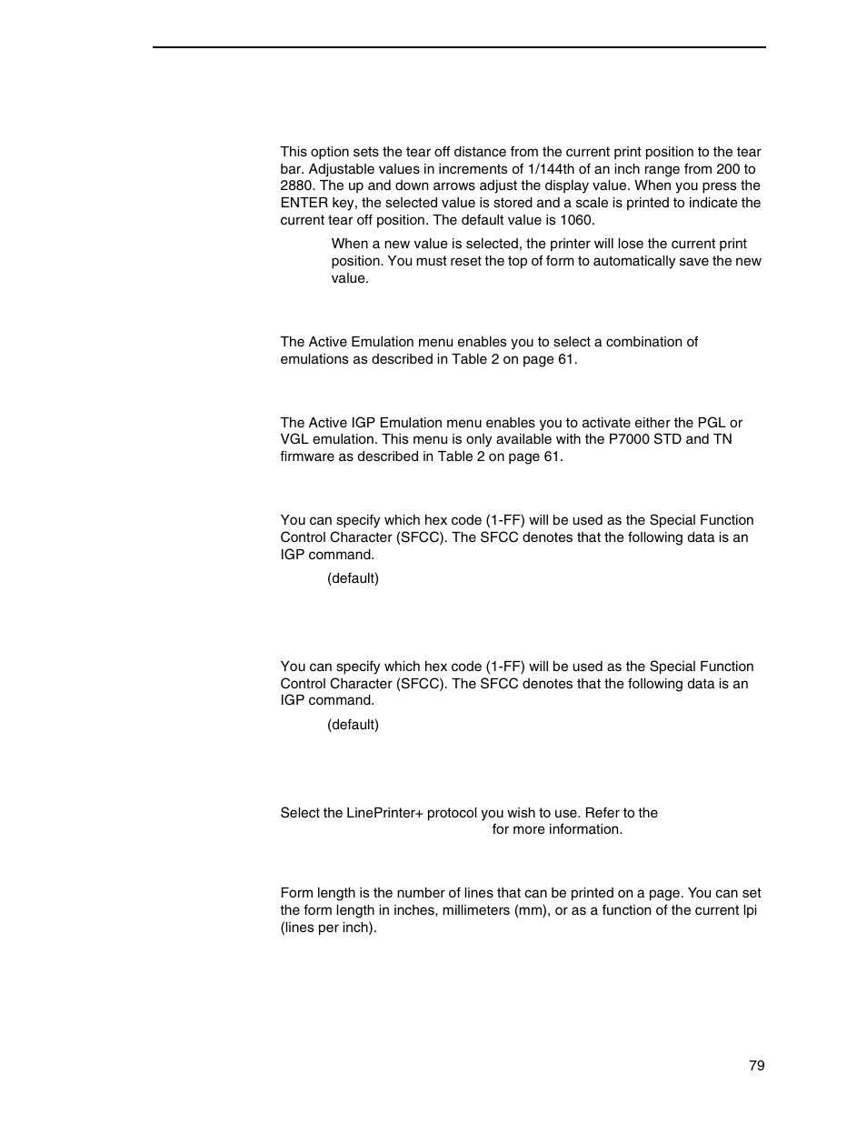 Ztp teardist, Active emulation, Active igp emulation | Pgl sfcc, Vgl sfcc, Printer protocol, Form length | Printronix P7000 Cartridge Ribbon Printer User Manual | Page 79 / 378