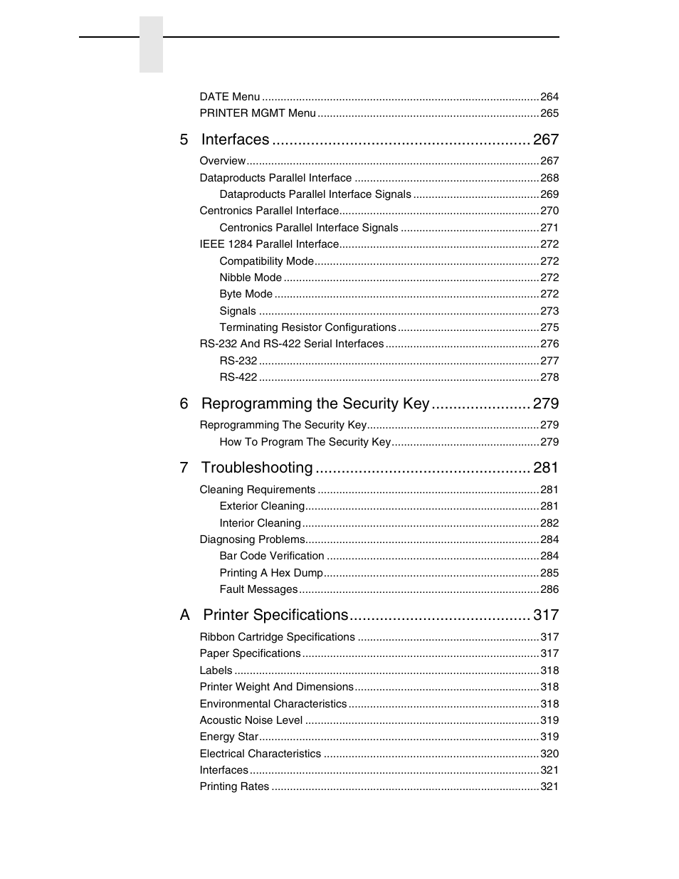 5 interfaces, 6 reprogramming the security key, 7 troubleshooting | A printer specifications | Printronix P7000 Cartridge Ribbon Printer User Manual | Page 8 / 378