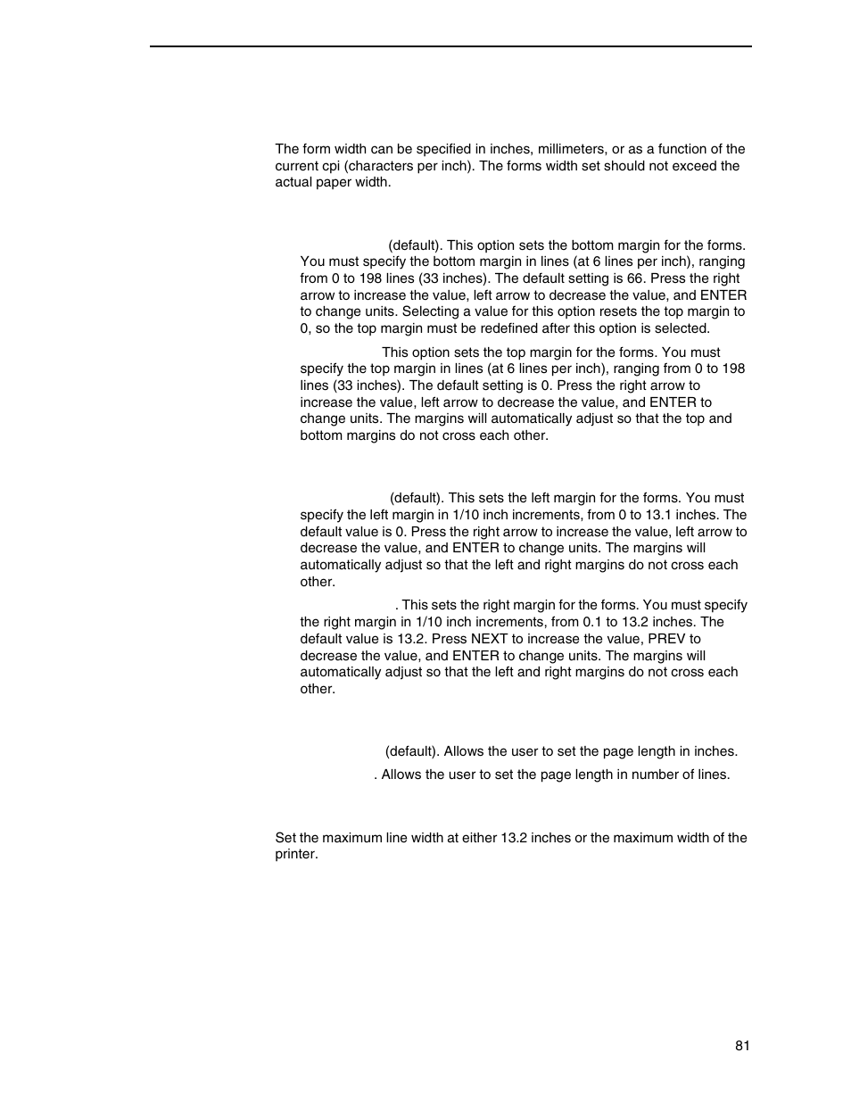 Form width, Vert forms, Horiz forms | Page length rep, Max line width | Printronix P7000 Cartridge Ribbon Printer User Manual | Page 81 / 378