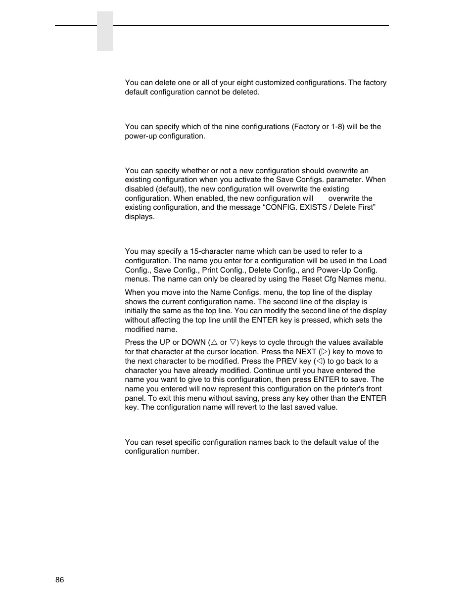 Delete config, Power-up config, Protect configs | Name configs, Reset cfg names | Printronix P7000 Cartridge Ribbon Printer User Manual | Page 86 / 378