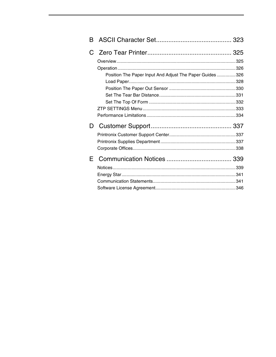 B ascii character set c zero tear printer, D customer support, E communication notices | Printronix P7000 Cartridge Ribbon Printer User Manual | Page 9 / 378