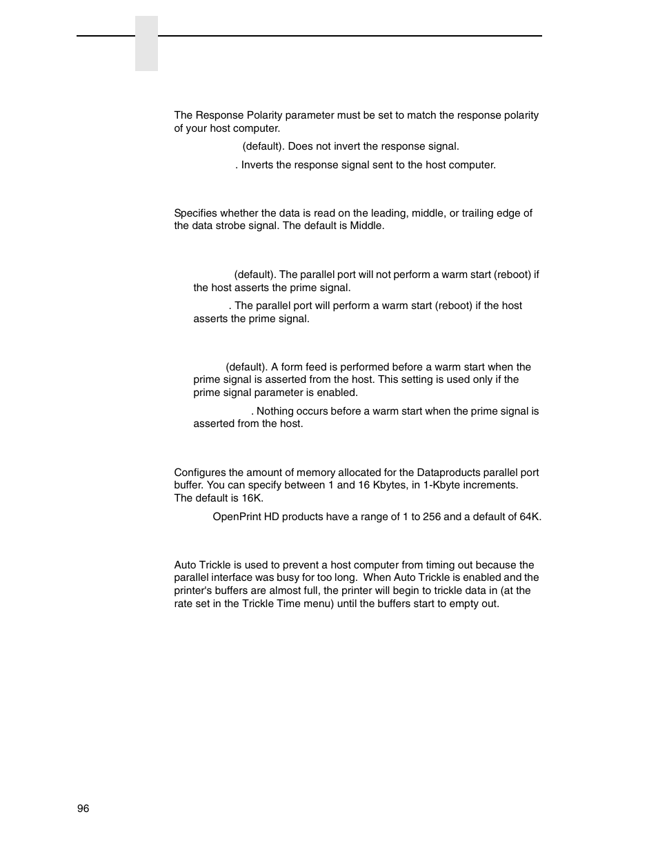 Resp. polarity, Latch data on, Prime signal | Tof action, Buffer size in k, Auto trickle | Printronix P7000 Cartridge Ribbon Printer User Manual | Page 96 / 378