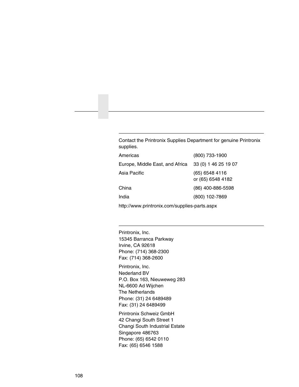 Printronix supplies department, Corporate offices | Printronix Online Data Validator User Manual | Page 108 / 116