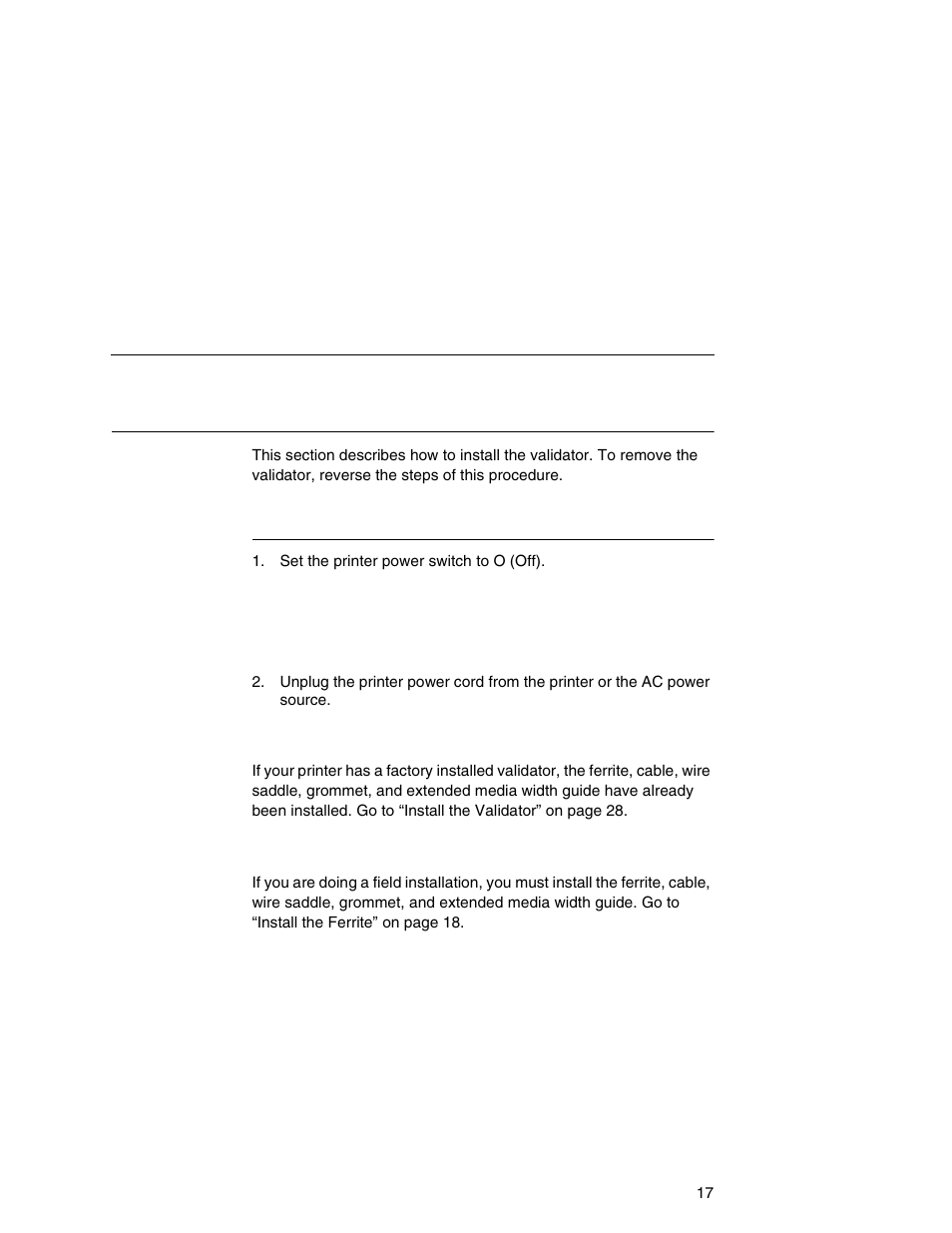 Installation and removal, Prepare the printer, Factory installation | Field installation | Printronix Online Data Validator User Manual | Page 17 / 116