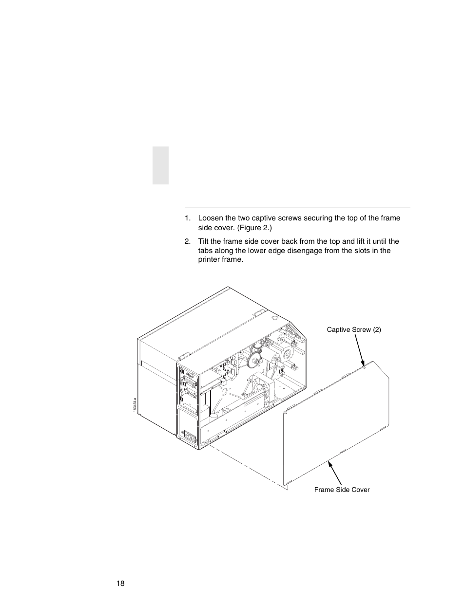 Install the ferrite, Chapter 1, Installation and removal 18 | Eth ernet, Captive screw (2) frame side cover | Printronix Online Data Validator User Manual | Page 18 / 116