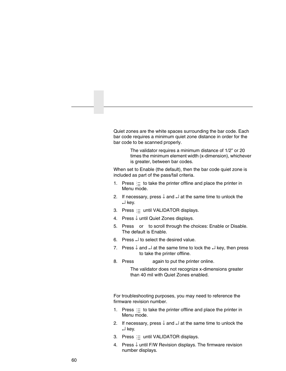 Checking quiet zones, Checking the firmware revision number | Printronix Online Data Validator User Manual | Page 60 / 116