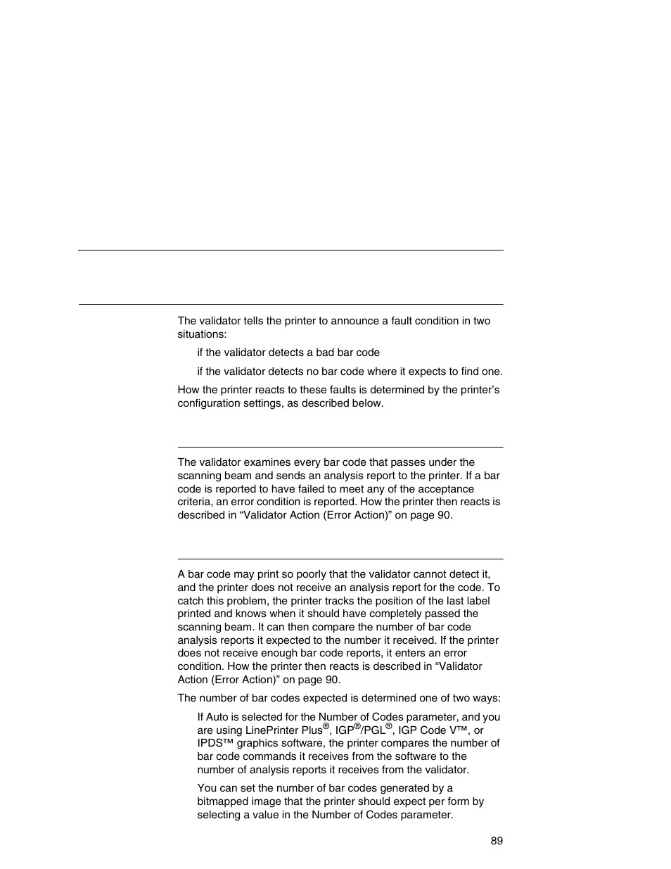 Bar code failures, Bad bar code error detection, Missing bar code error detection | Printronix Online Data Validator User Manual | Page 89 / 116