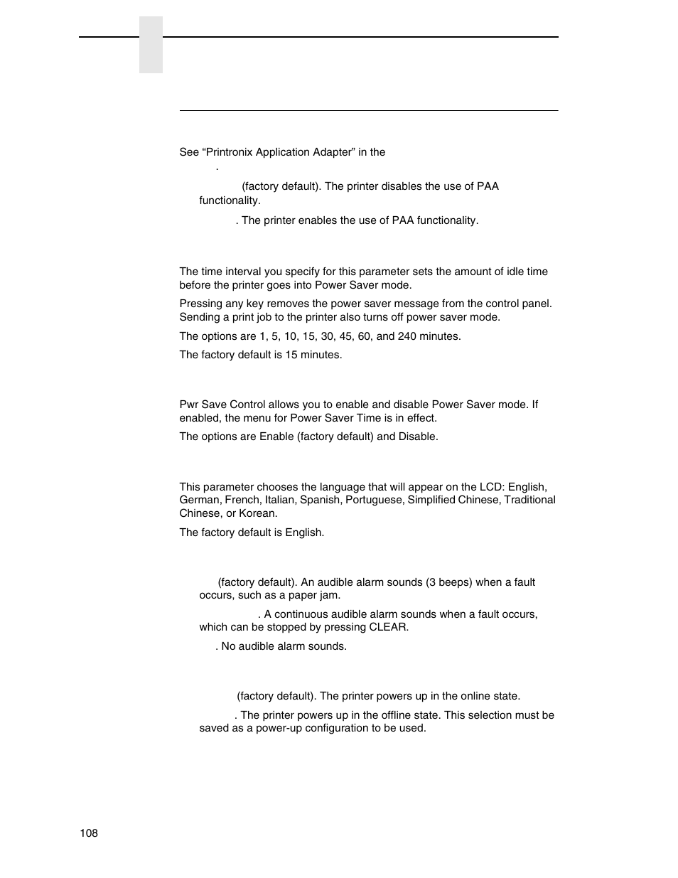 Printer setup submenus, Paa: status, Power saver time | Pwr save control, Display language, Alarm, Power-up state | Printronix SL4M User Manual | Page 108 / 308