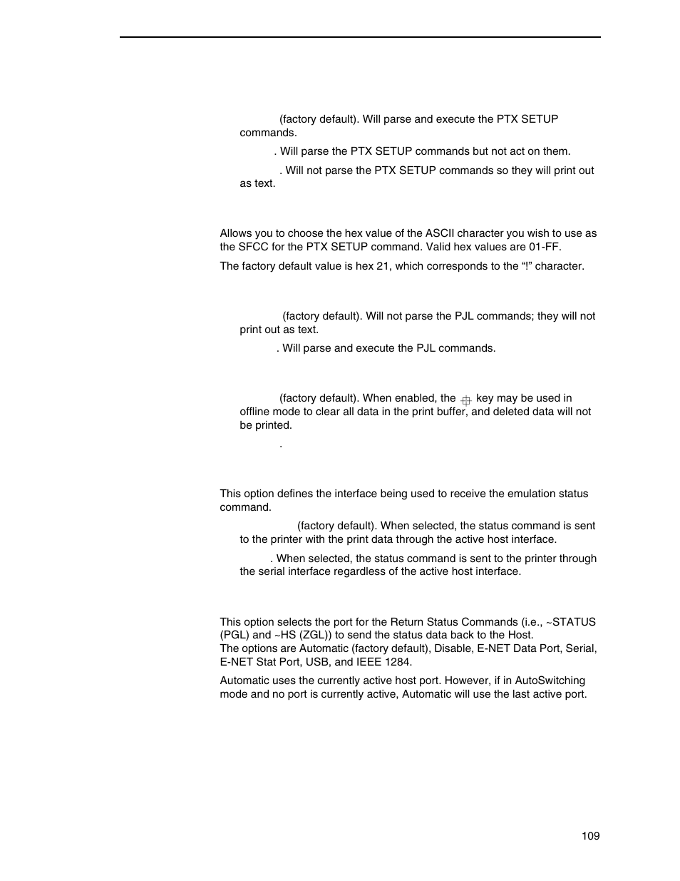 Ptx setup parse, Ptx setup sfcc, Pjl control | Cancel key, Rcv. status port, Ret. status port | Printronix SL4M User Manual | Page 109 / 308