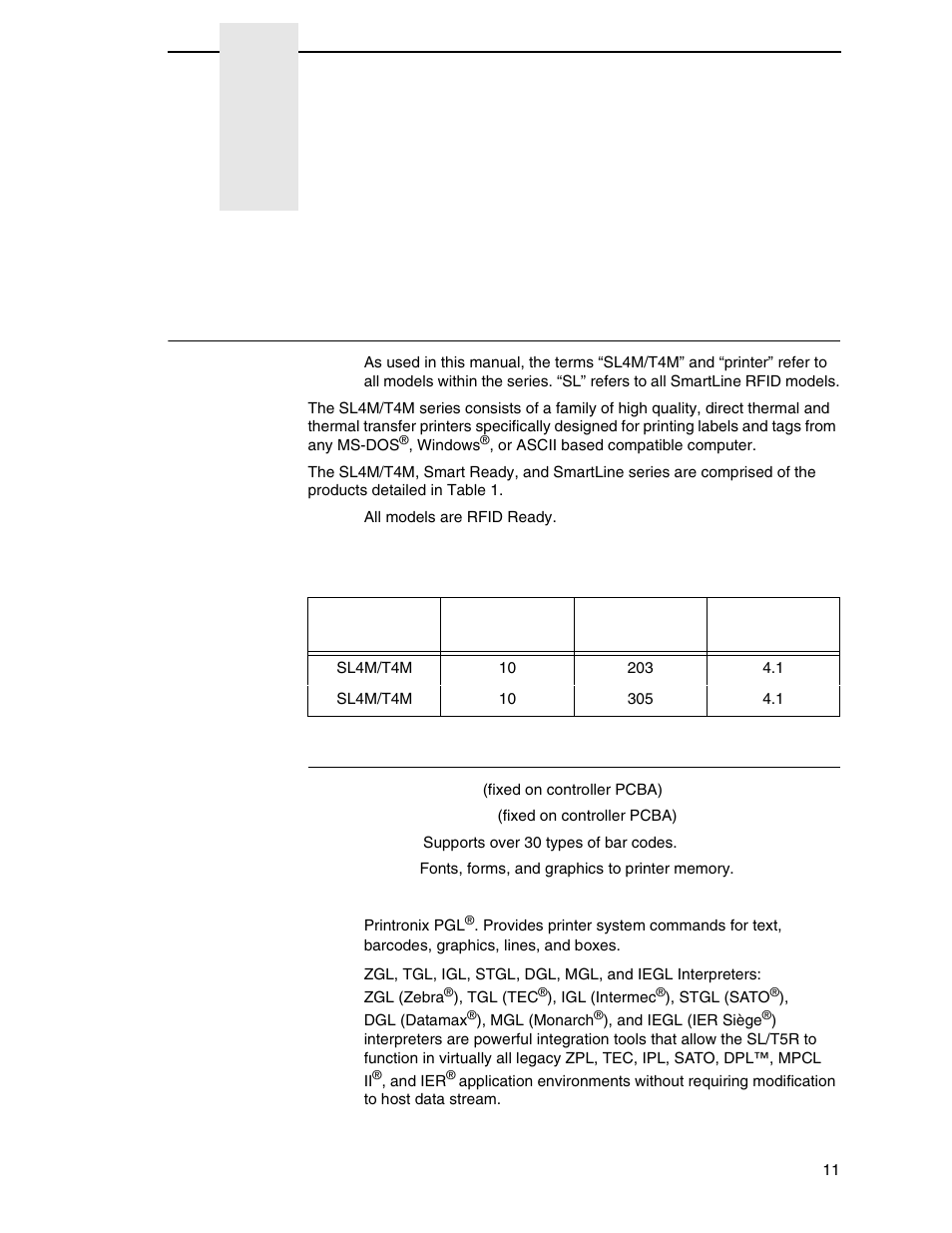 1 introduction, The sl4m/t4m thermal printer, Standard features | Introduction | Printronix SL4M User Manual | Page 11 / 308