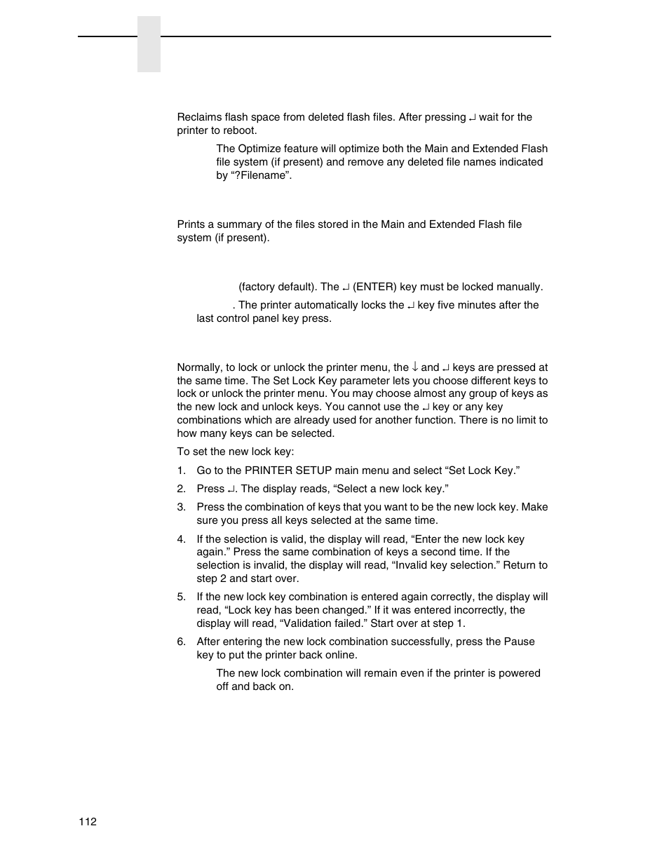 Optimize&reboot, Print file list, Auto locking | Set lock key | Printronix SL4M User Manual | Page 112 / 308