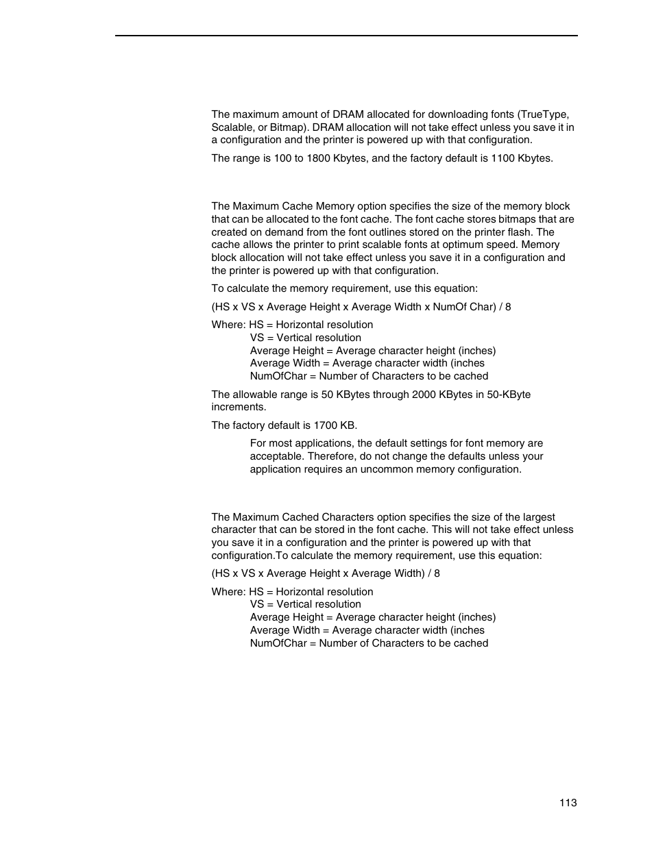 Max font buffer, Max cached char | Printronix SL4M User Manual | Page 113 / 308