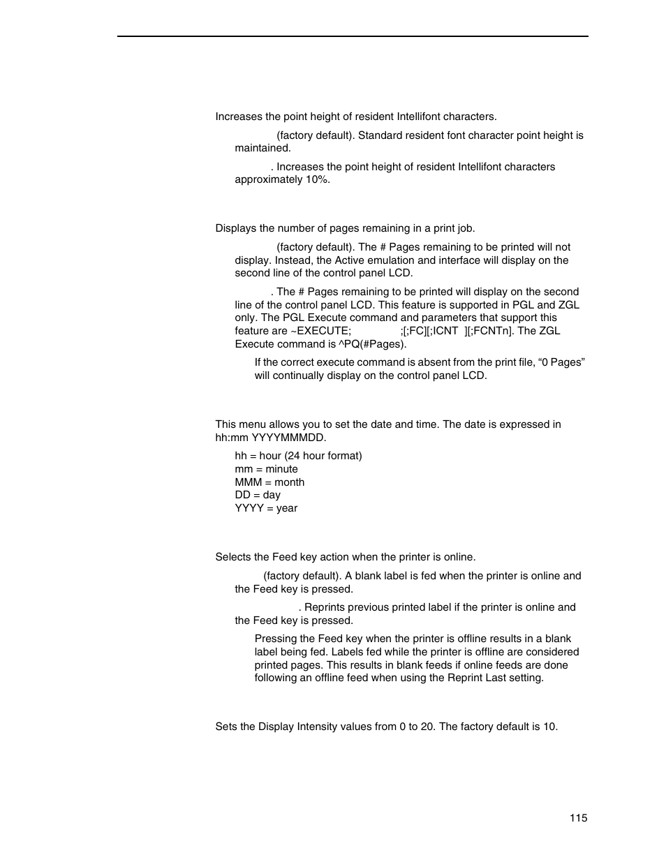 Tall characters, Batch counter, Date | Feed key online, Disp. intensity | Printronix SL4M User Manual | Page 115 / 308
