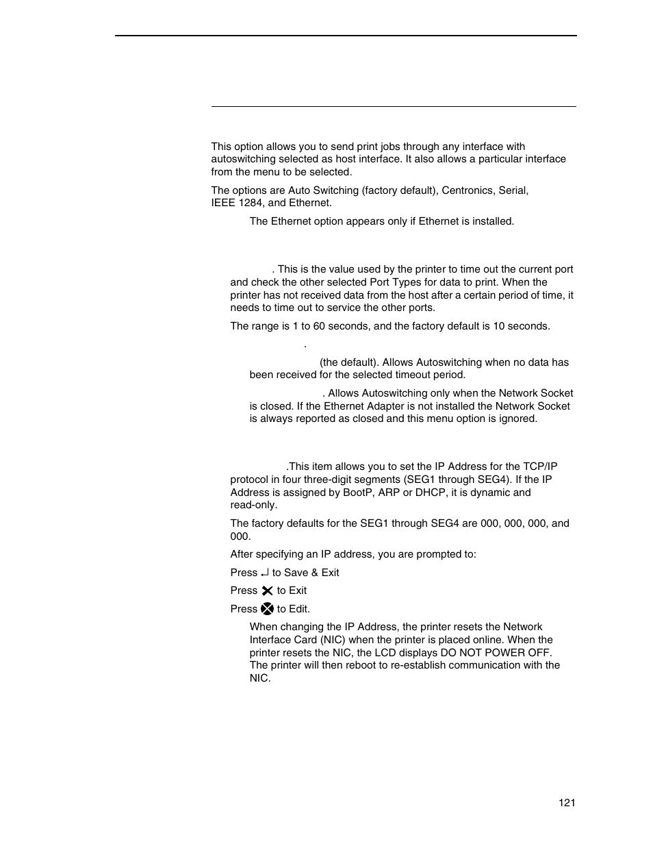 Interfaces submenus, Host interface, Ethernet port | Ethernet setting | Printronix SL4M User Manual | Page 121 / 308