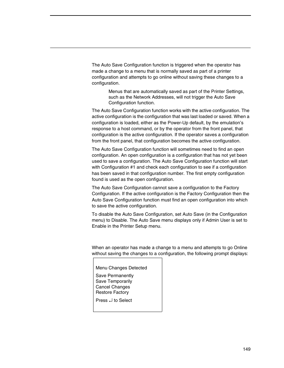 Auto save configuration, Auto save functionality, Auto save feature | Printronix SL4M User Manual | Page 149 / 308