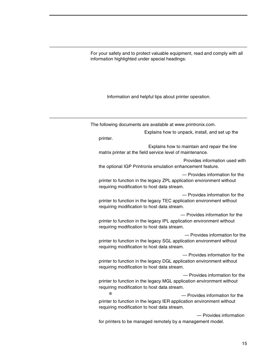 Warnings and special information, Related documents | Printronix SL4M User Manual | Page 15 / 308