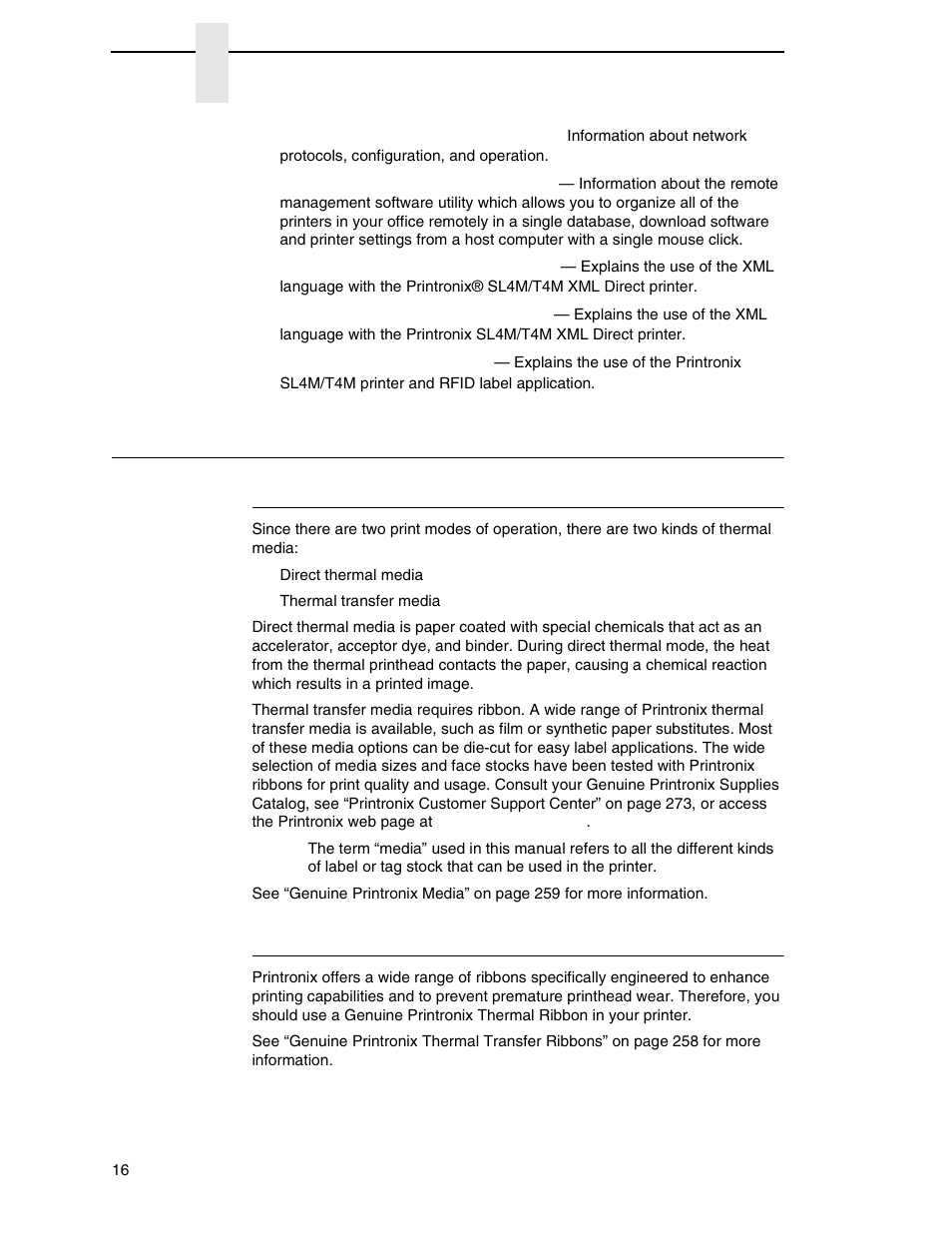 Thermal consumables, Media selection, Ribbons | Printronix SL4M User Manual | Page 16 / 308