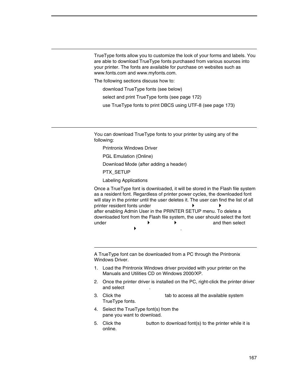 Using truetype fonts, Downloading truetype fonts, Printronix windows driver | Printronix SL4M User Manual | Page 167 / 308