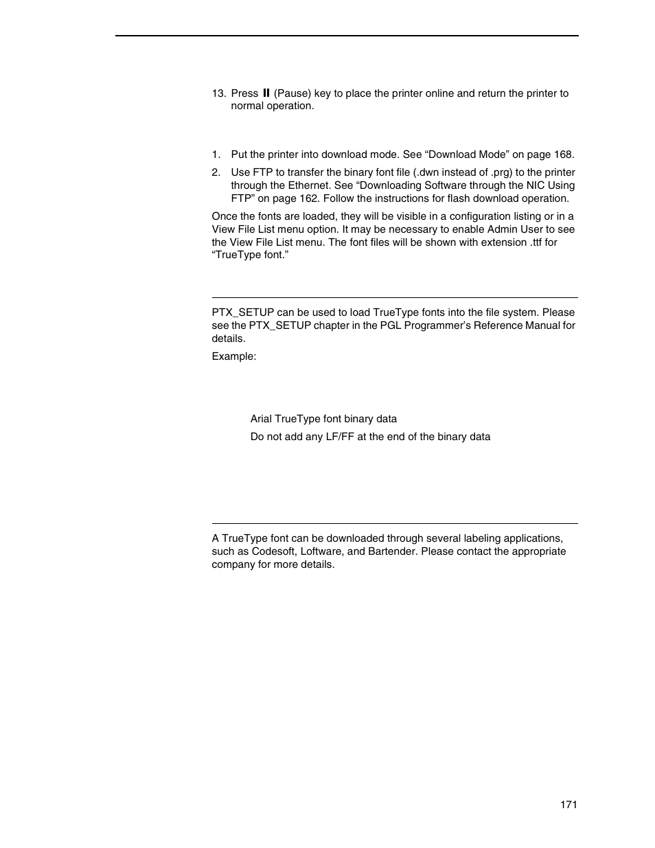 Ptx_setup, Labeling applications, Download truetype fonts via the ethernet using ftp | Printronix SL4M User Manual | Page 171 / 308
