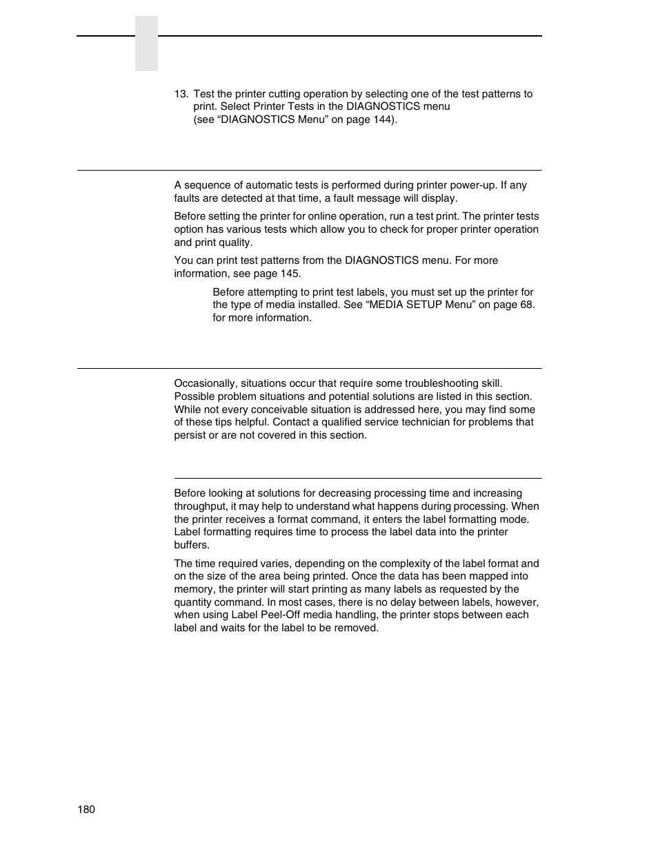 Printer tests, Troubleshooting common situations, Improving processing time | Printronix SL4M User Manual | Page 180 / 308