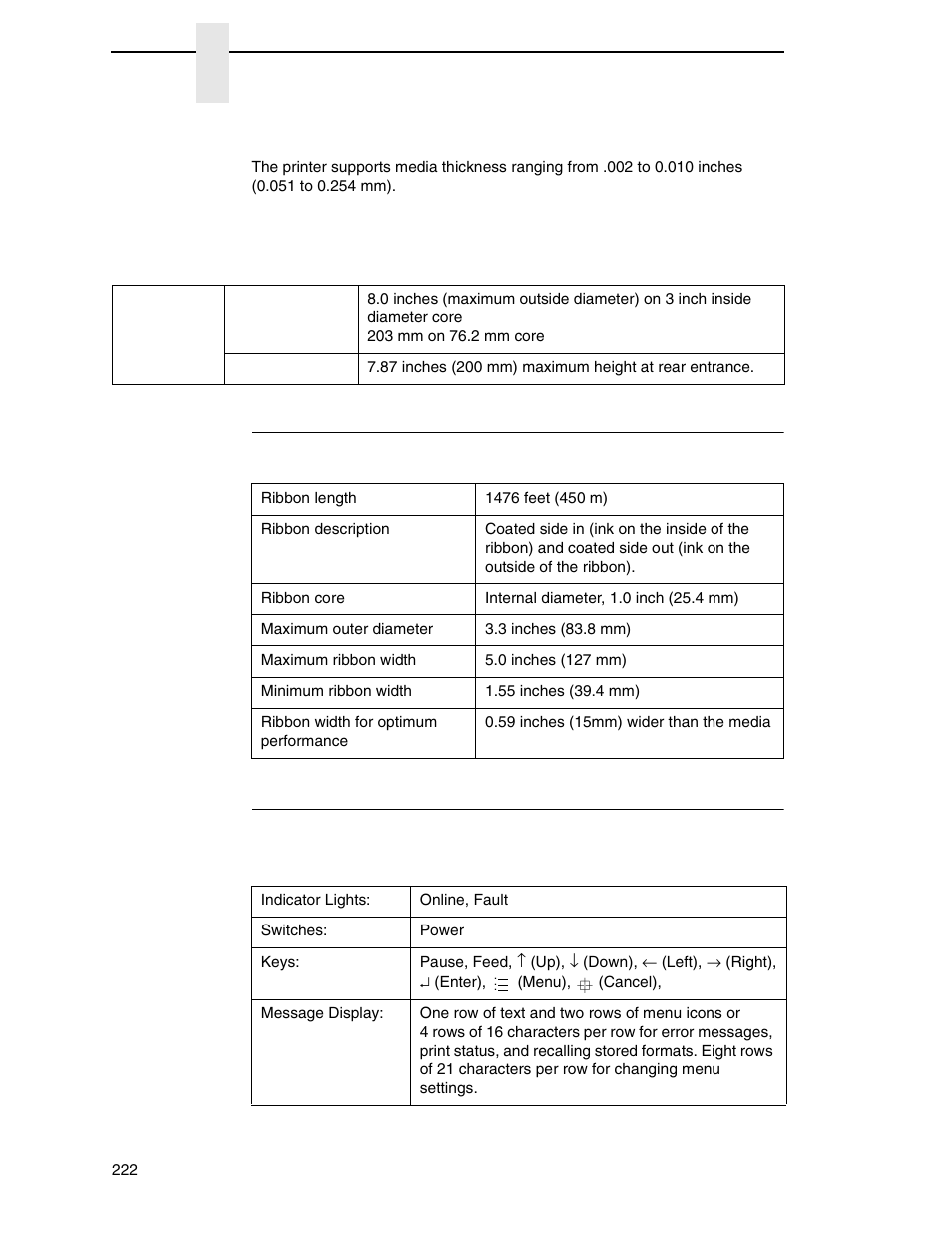 Ribbon, Indicators and switches, Ribbon indicators and switches | Media thickness, Media capacity | Printronix SL4M User Manual | Page 222 / 308