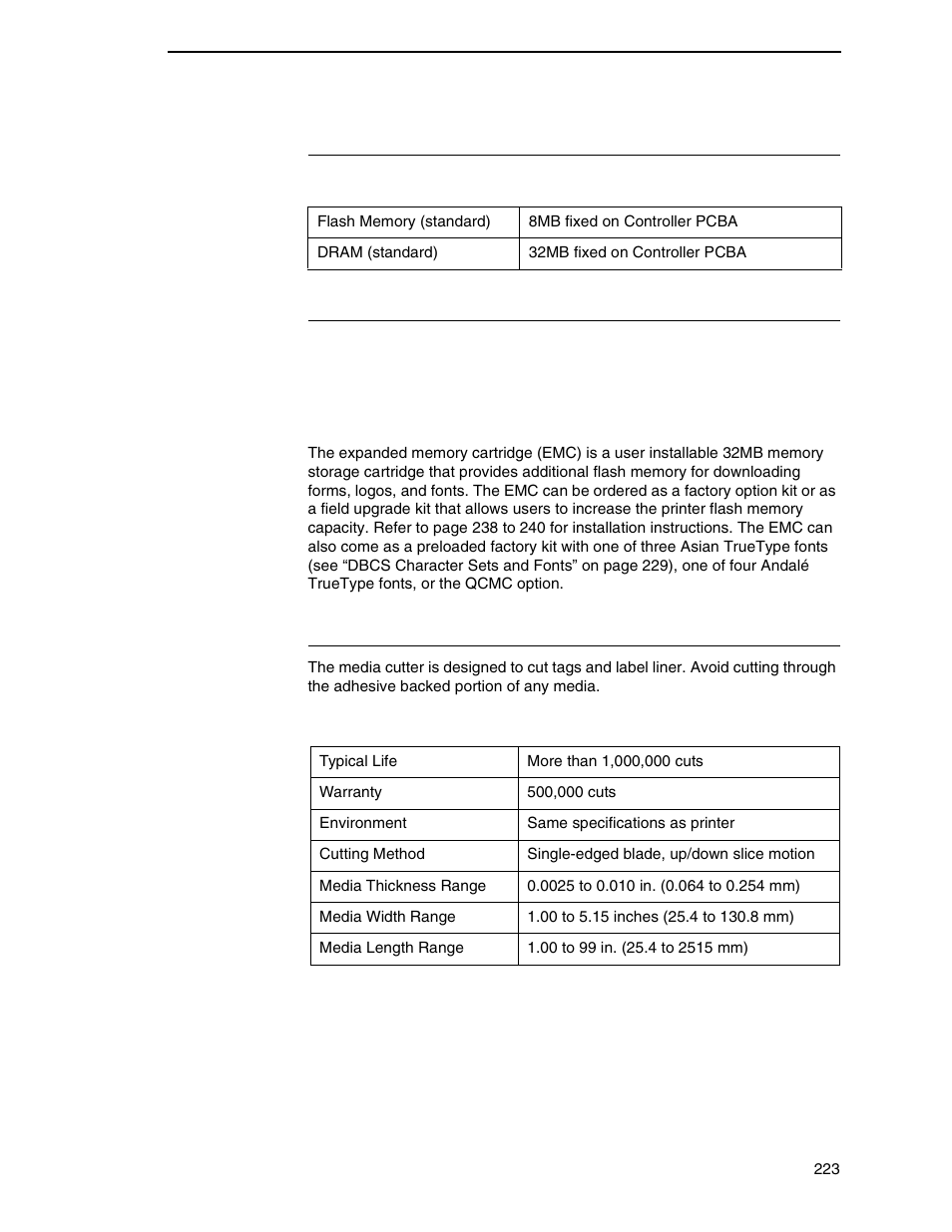 Memory, Optional expanded memory cartridge, Media cutter option | Printronix SL4M User Manual | Page 223 / 308