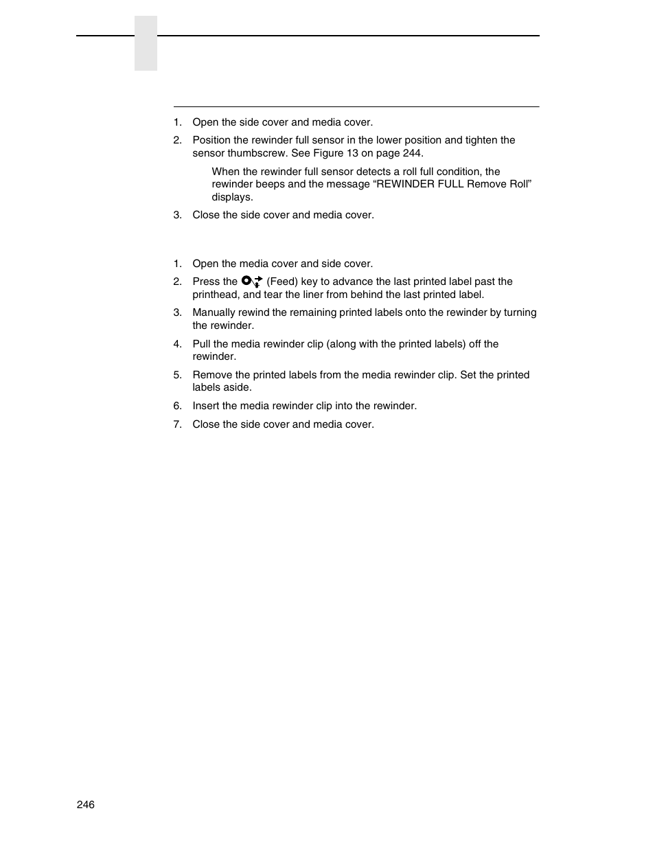 Rewinder full sensor setup, Remove printed media from the rewinder | Printronix SL4M User Manual | Page 246 / 308
