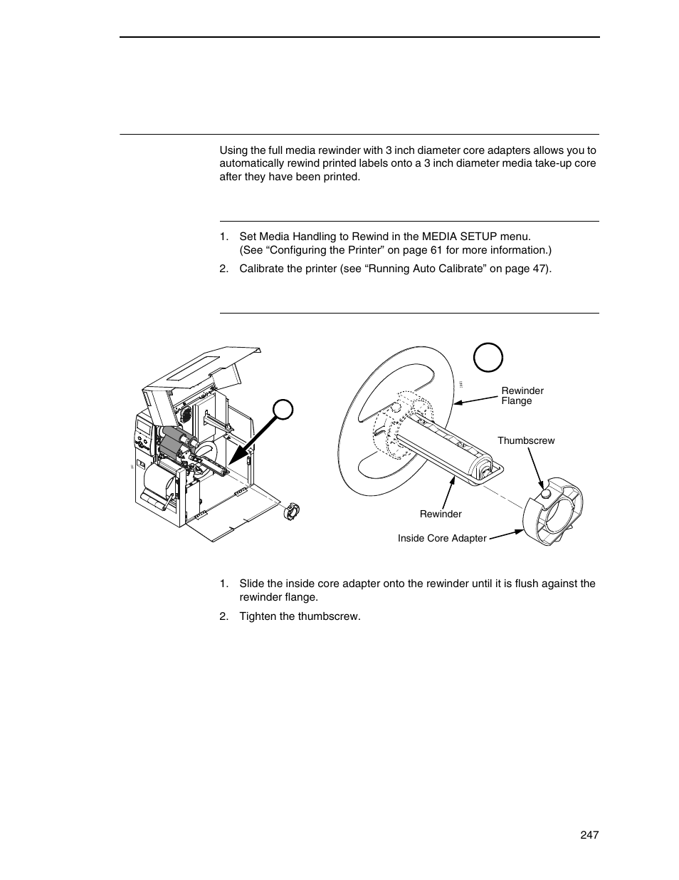 Configure the printer menu, Install the core adapters and media take-up core, Using the full media rewinder with 3 inch diameter | Core adapters | Printronix SL4M User Manual | Page 247 / 308