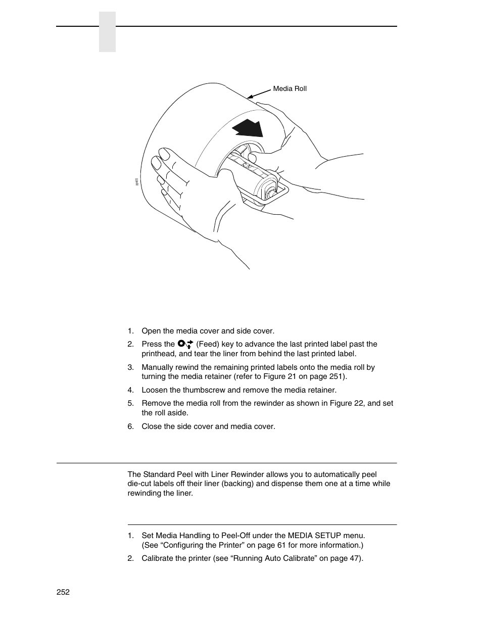 Using the standard peel with liner rewinder option, Configure the printer menu, Remove printed media from the rewinder | Printronix SL4M User Manual | Page 252 / 308