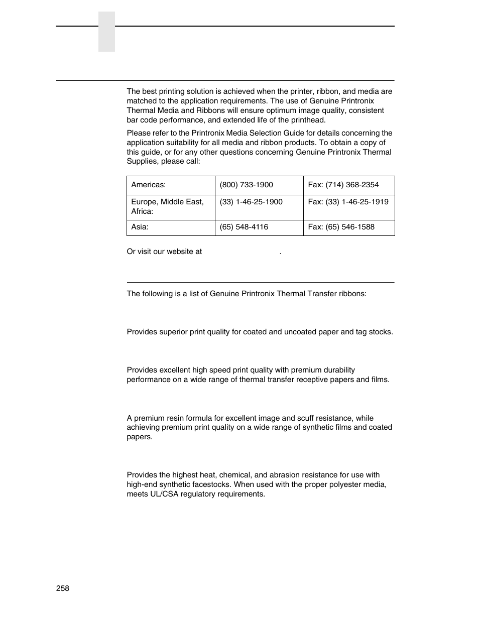 Supplies, Genuine printronix thermal transfer ribbons | Printronix SL4M User Manual | Page 258 / 308