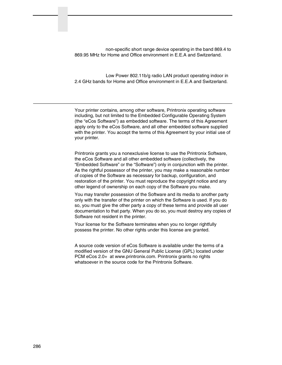 Software license agreement, Rfid, Wireless ethernet | Printronix SL4M User Manual | Page 286 / 308