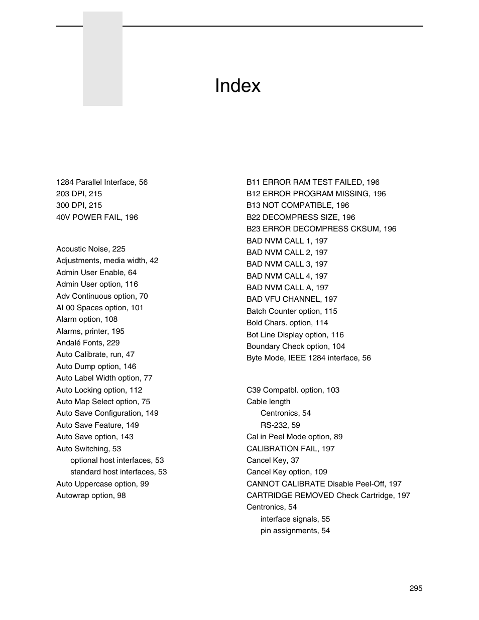 Index, Numerics | Printronix SL4M User Manual | Page 295 / 308
