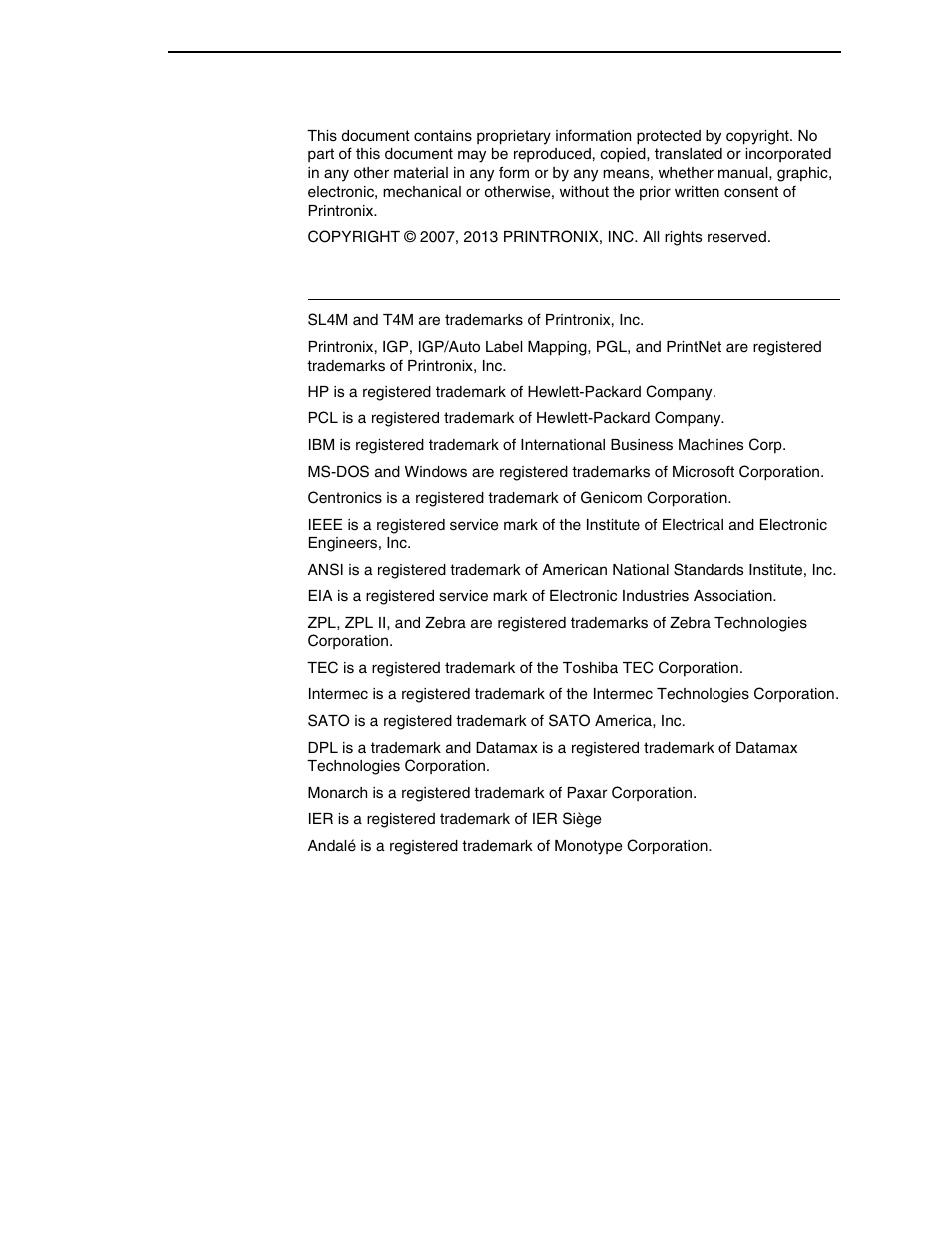 Trademark acknowledgements | Printronix SL4M User Manual | Page 3 / 308