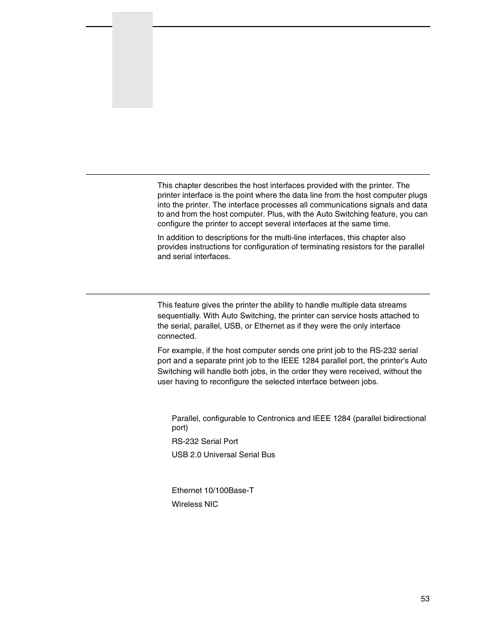 3 standard interfaces, Overview, Auto switching | Standard interfaces | Printronix SL4M User Manual | Page 53 / 308